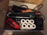 BOX OF SURGE STRIPS AND MISC. OFFICE ITEMS