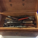 WOODEN TOOL BOX WITH ASSORTED TOOLS