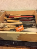 WOODEN BOX WITH FILES AND ASSORTED TOOLS