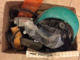 LARGE BOX W/SAW BLADES, DRILL, AND MISC
