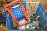 BLUE BIN WITH MISC.: ROPE, BLOWER , CASTERS, ETC.