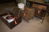 WOODEN BOX AND (2) COLLAPSABLE WIRE CRATE BASKETS,