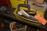 SMALL BIN WITH RATCHETS, CLAMPS AND MISC. HAND TOOLS