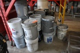 PAINT UNDER THIS SHELVING UNIT, MOSTLY FIVE GALLON BUCKETS