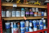 PAINTS ON THIS SHELF, MOSTLY ONE GALLON