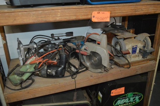 SHELF FULL OF TOOLS, GRINDER, SANDER, SAW AND DRILLS