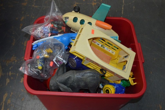 MISC. BIG AND SMALL TOYS IN BIN