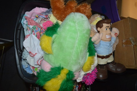 MISC. STUFFED ANIMALS AND DOLL CLOTHES IN BIN