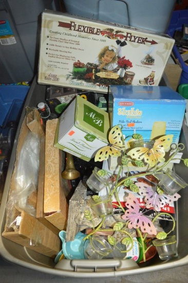 HOUSEHOLD LOT IN BIN, CUPS, CANDLE HOLDERS, ETC.