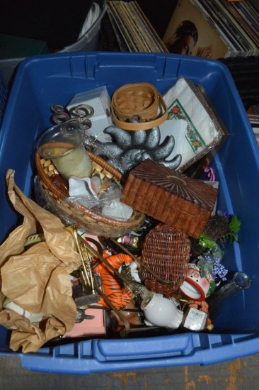 MISC. HOUSEHOLD, DECORATIONS AND MISC. IN LARGE BLUE BIN