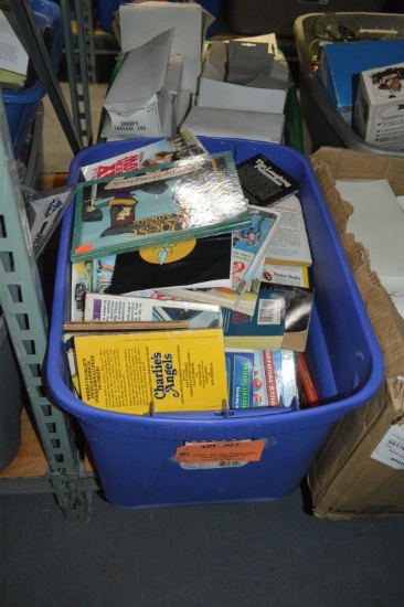 LARGE LOT OF ASSORTED BOOKS IN BLUE BIN
