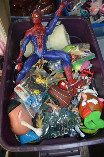 BIN FULL OF MISC. TOYS, SPIDERMAN, TOY SOLDIERS, ETC.