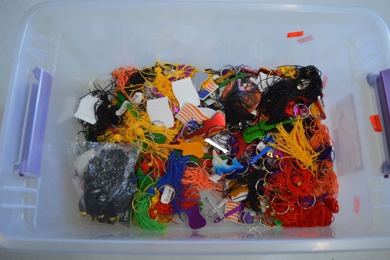 SMALL CLEAR BIN WITH 100'S OF MISC. KEYCHAINS