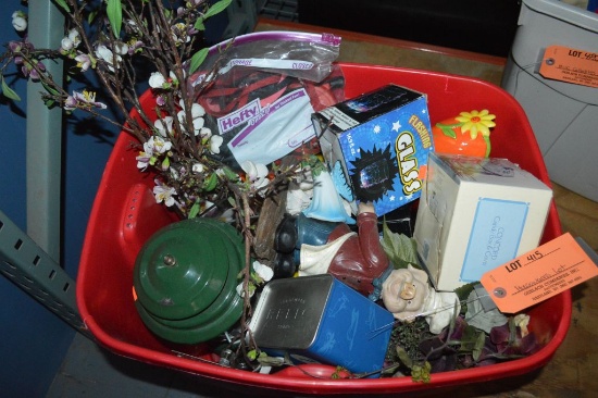 MISC. HOUSEHOLD AND DECORATIVE ITEMS IN RED BIN