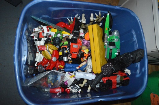 MIXED TOYS AND ACTION FIGURES IN BLUE BIN