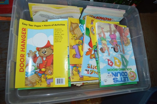BIN FULL OF MIXED COLORING BOOKS IN CLEAR BIN