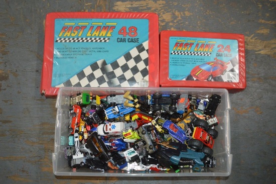HOT WHEELS MATCHBOX CARS IN CLEAR BIN AND RED CASES