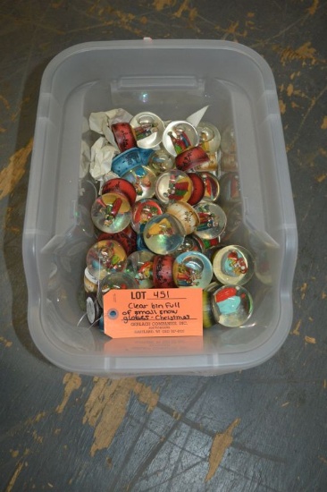 CLEAR BIN FULL OF SMALL CHRISTMAS SNOW GLOBES