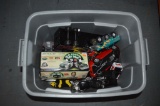 MISC. CAR/TRUCK TOYS IN GRAY BIN, NASCAR, BUDWEISER, ETC.