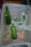 VINTAGE GLASS AND BOTTLES IN CLEAR BIN