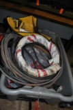 TOOLS, PARTS, SOCKETS, WRENCHES AND WIRE CORD IN GRAY TUB