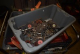 LARGE GRAY PLASTIC BIN FULL OF TOOLING AND GRINDING DISCS