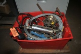 LARGE RED BIN WITH CONTENTS, SNAKES, CABLE AND HAND TOOLS