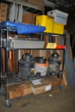 FREEZER STYLE SHELVING UNIT WITH CONTENTS, SHOP VACS AND MISC.