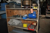 WOODEN SHELVING UNIT ON CASTERS WITH CONTENTS