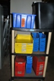 THREE TIER PLASTIC SHELF ON CASTERS WITH CONTENTS,