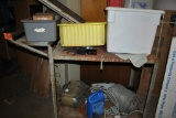 METAL SHOP CART WITH CONTENTS, BARBED WIRE AND MISC.