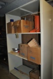 TAN METAL SHELVING UNIT WITH MISC. CONTENTS,