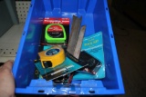 BIN WITH (3) TAPE MEASURES, FILES AND POCKET TOOL KIT