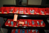 SMALL RED BINS WITH ASSORTED TOOLING ON TOP SHELF