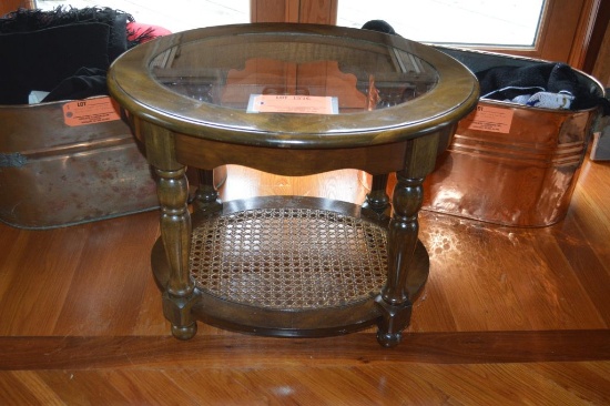 SMALL OVAL TABLE W/GLASS TOP, LOWER CANE BOTTOM,