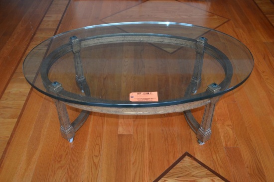 OVAL GLASS TOP COFFEE TABLE W/GOLD/BLACK BASE