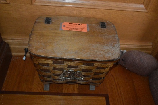 WOOD PICNIC BASKET WITH HINGED WOOD TOP WITH A