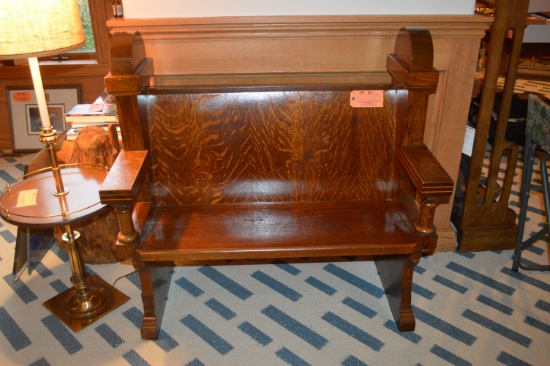 OAK CHURCH PEW WITH ARCHED SIDES WITH CARVING AND