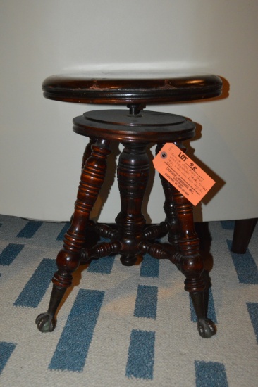 ANTIQUE WOOD PIANO STOOL WITH ADJUSTABLE SEAT,