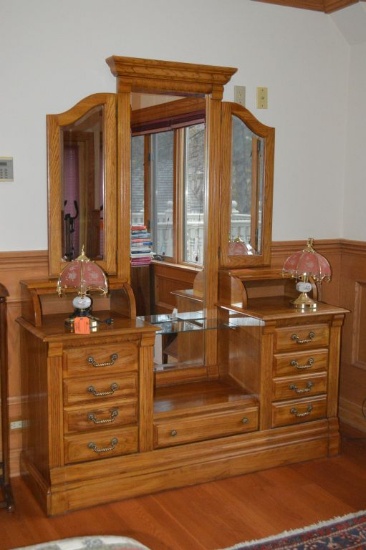 OAK VANITY DRESSER, 9 DRAWER, MIRROR, GLASS SHELF,