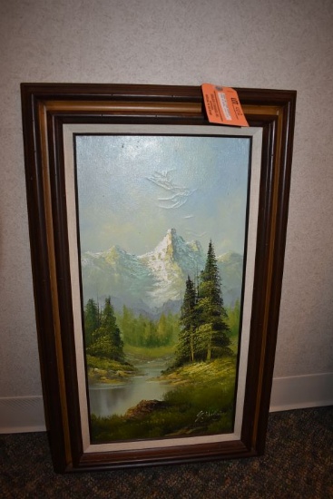 FRAMED AND SIGNED MOUNTAIN SCENE ON CANVAS,