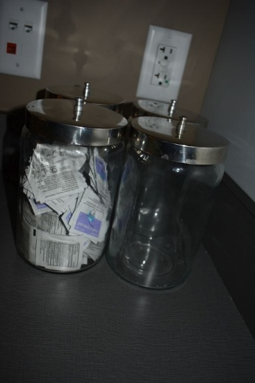 4 CANISTERS, PADS AND MISC. IN DRAWER