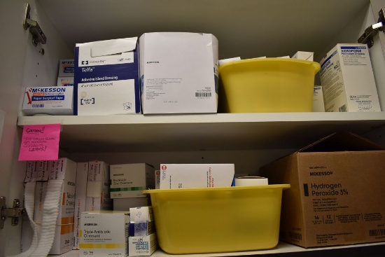CONTENTS ON TWO SHELVES, SURGICAL TAPES,