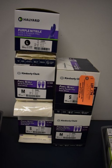 BOXES OF PURPLE NITRILE GLOVES, SMALL, MEDIUM AND