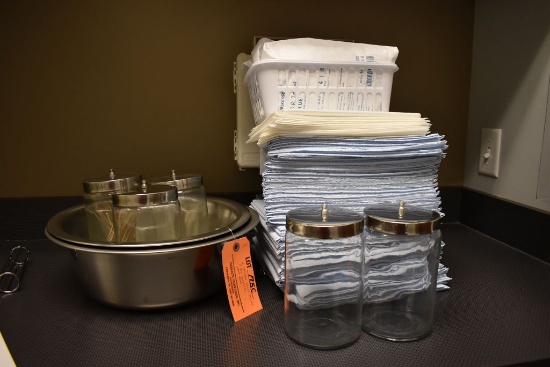 (2) STAINLESS STEEL BASINS, (5) GLASS CANISTERS AND