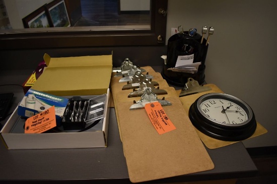 OFFICE SUPPLIES, MISC. AND HEAD MOUNT MAGNIFIER IN BOX