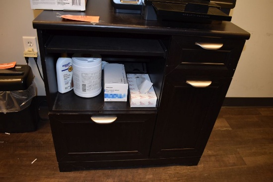 SMALL BLACK CABINET WITH TWO DRAWERS AND DOOR,