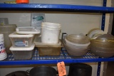 CONTENTS OF SHELF, ASSORTED PLASTIC ITEMS AND SOME UTENSILS
