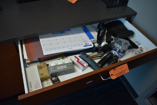 SINGLE DRAWER OF CONTENTS, STAPLERS, TAPE, ETC.