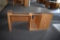 DESK, GRAY LAMINATE TOP WITH WOODGRAIN BASE,